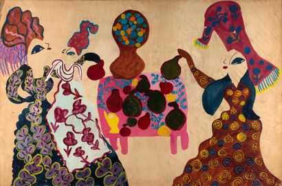 MAHIEDDINE BAYA (1931 - 1998) 
妇女和儿童围着一张小桌子，约1950年。

纸上水粉画

65 x 100厘米

25 19/32...