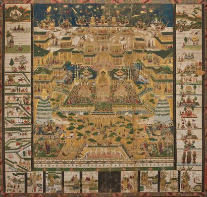 JAPON 重量级彩画，镶金帛画，呈现阿弥陀佛居住的西方极乐世界。阿弥陀佛坐于莲花上，作沉思状，两侧环绕观音菩萨和势至菩萨和其他菩萨。侧面和底部有装饰图案，呈现好几个与佛教相关的场景。
日本
江户时代（1603年-1868年）
重量级大尊横幅绘画，水墨，金底彩色帛画，呈现阿弥陀佛和其他菩萨坐着沉思，众多其他人物在树木繁茂的楼宇舍利塔旁，周围被二级场景包围，即神明和教徒在画布的三侧，午夜蓝色为底，金字说明，边缘以叶漩涡饰和莲花为饰，棕色底面，底部有长篇书法。已装配卷轴。
尺寸为220...