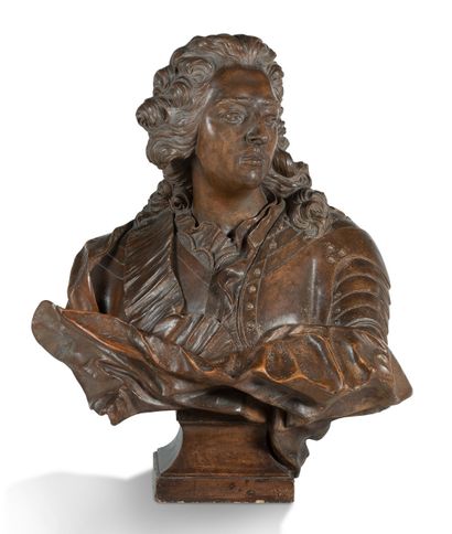 D'APRÈS JEAN-BAPTISTE II LEMOYNE (1704-1778) Bust of Louis XV in terracotta with...