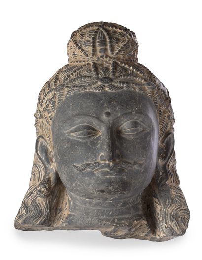 null LARGE BODHISATTVA HEAD in carved and polished grey schist, fine moustache, richly...