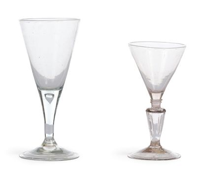 null JAM GLASSES One in slightly pink glass, the truncated conical cup with six flutes,...