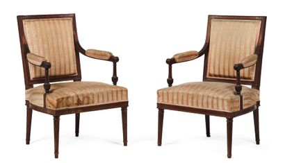 GEORGES JACOB (1739 - 1814) Rare pair of mahogany armchairs, the rectangular back,... Gazette Drouot