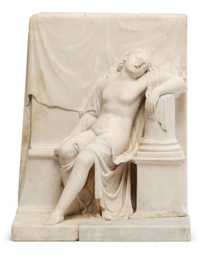 null VOTIVE STELE in white marble representing a seated nude woman leaning on a truncated...