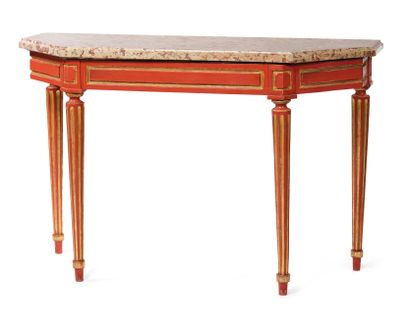 null TABLE CONSOLE en forme d'hexagone étiré en bois sculpté peint rouge et rechampis...