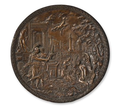 D'APRÈS HANS JOCOB BAYR (1574 - 1628) 米纳瓦将绘画的寓意引向文艺。铜质奖章。
直径：26.7厘米
华盛顿国家艺术馆有一个类...