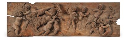 null LOW RELIEF in wood carved in the natural of a group of ten children playing...