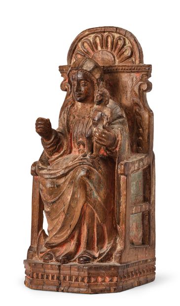  TRÔNE DE SAGESSE Vierge en chêne sculpté tronant en majesté avec l'Enfant Jésus...