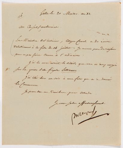 Napoléon Ier (1769-1821) 2 L.S. « Bonaparte », Lille 19 et 20 messidor XI (8 et 9...