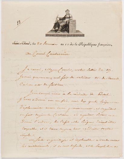 Napoléon Ier (1769-1821) 3 L.S. « Bonaparte » (la 1re avec compliment autographe),...