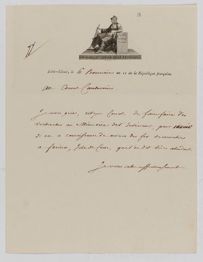 Napoléon Ier (1769-1821) 3 L.S. « Bonaparte » et une non signée, Saint-Cloud 19 vendémiaire...
