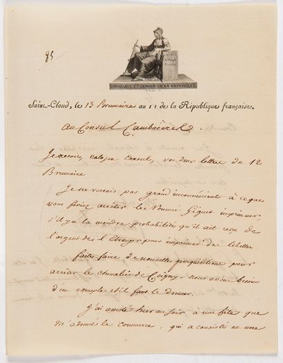 Napoléon Ier (1769-1821) 4 L.S. « Bonaparte » (2 avec apostille autographe), Rouen...