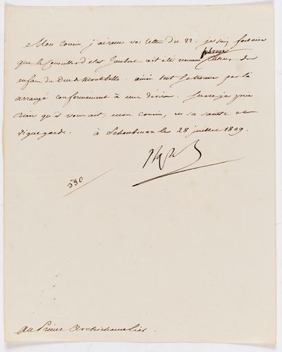 Napoléon Ier (1769-1821) 13封L.S. "Napoleon"、"Napole"、"Napo"、"Nap "或 "NP"，2封有亲笔更正，1809年5月12日至7月28日，致大法官CAMBACÉRÈS；信件由Méneval书写，2封由Fain书写；9张半页，4页。[517-524,...