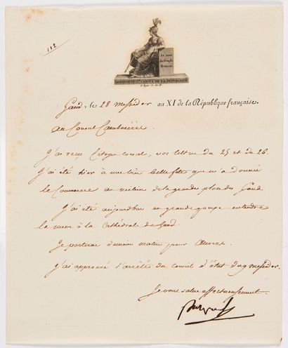 Napoléon Ier (1769-1821) 2 L.S. « Bonaparte », Gand 26 et 28 messidor XI (15 et 17...