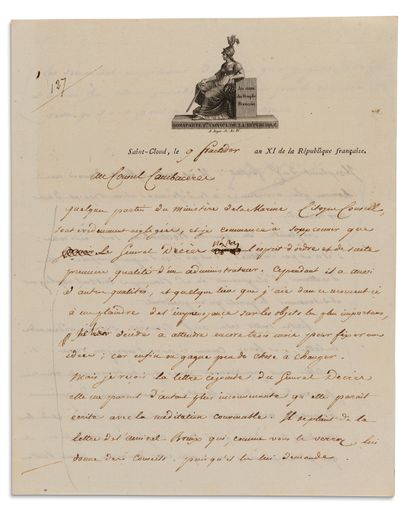 Napoléon Ier (1769-1821) L.S. « Bonaparte » avec corrections autographes, Saint-Cloud...