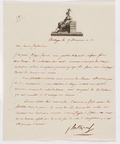 Napoléon Ier (1769-1821) 7 L.S. « Bonaparte », une avec correction autographe, Boulogne...