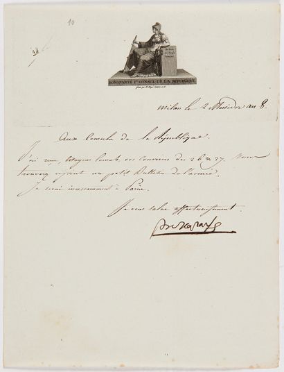 Napoléon Ier (1769-1821) 3 L.S. « Bonaparte » (la 1re avec apostille autographe),...