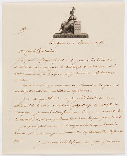 Napoléon Ier (1769-1821) 7 L.S. « Bonaparte », une avec correction autographe, Boulogne...