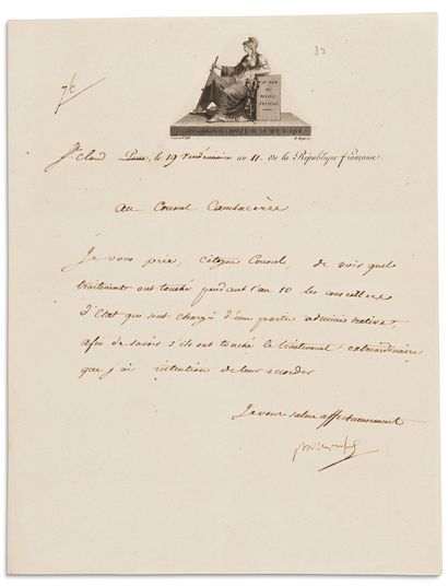 Napoléon Ier (1769-1821) 3 L.S. « Bonaparte » et une non signée, Saint-Cloud 19 vendémiaire...
