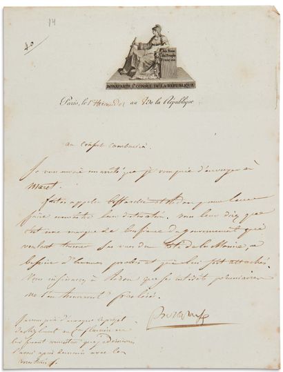 Napoléon Ier (1769-1821) 2 L.S. « Bonaparte », Paris 1er-2 thermidor VIII [20-21...