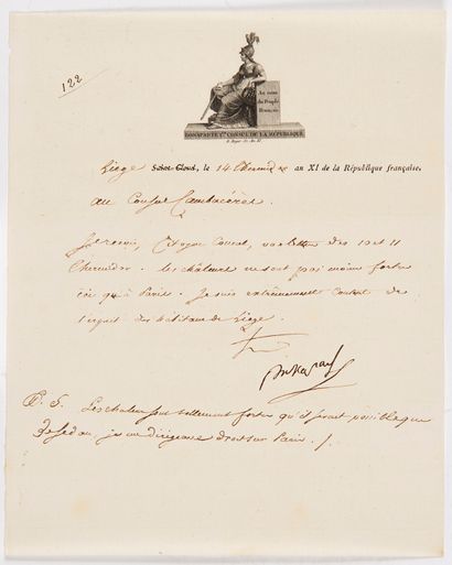 Napoléon Ier (1769-1821) 5 L.S. « Bonaparte », 2 avec compliment autographe, une...