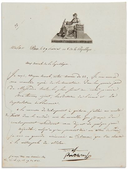 Napoléon Ier (1769-1821) 3 L.S. « Bonaparte » (la 1re avec apostille autographe),...