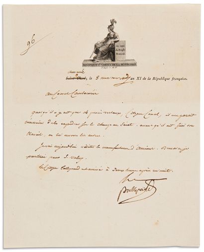 Napoléon Ier (1769-1821) 2 L.S. « Bonaparte » avec compliments autographes, Amiens...