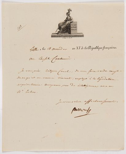 Napoléon Ier (1769-1821) 3 L.S. « Bonaparte », Lille 18 messidor XI (7 juillet 1803),...