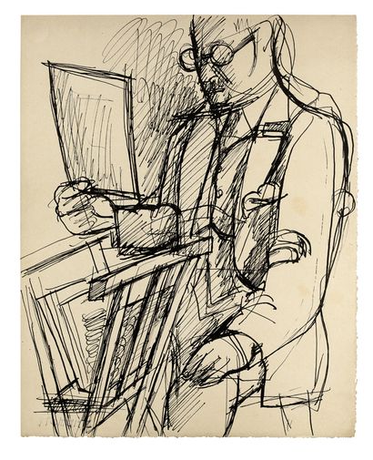 Marcel GROMAIRE (1892-1971) 
亨利-佩蒂埃(1894-1980)的肖像，正在检查印刷品

印度墨水在纸上。签名章[Lugt未描述]右下方

31,5...