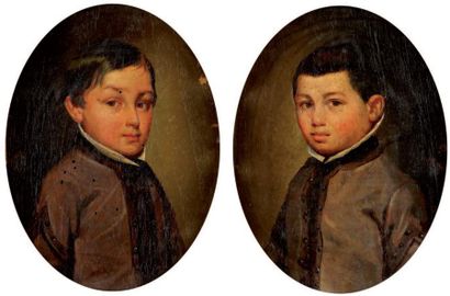 Ecole française du XIXème Portraits d'enfants Paires d'huiles sur panneau ovales,...