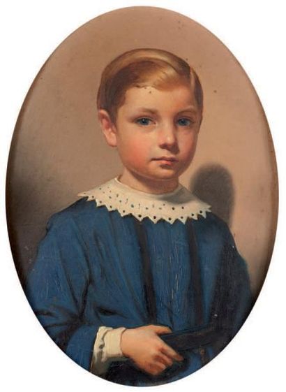Ecole française du XIXème Portrait de jeune homme en habit bleu Huile sur panneau...