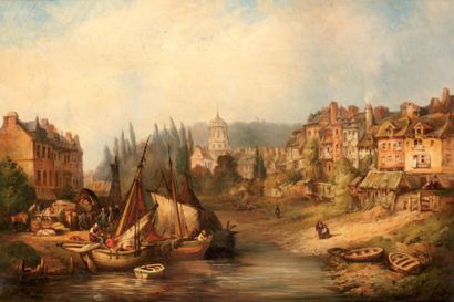 Attribué à Eugène BALAN (1809-1858) Port de pêche en Normandie. Huile sur toile,...