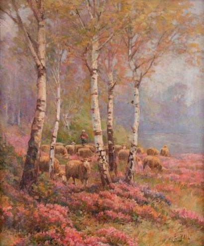 Edouard PAIL (1851-1916) Moutons dans la lande Huile sur toile, signée en bas à droite...