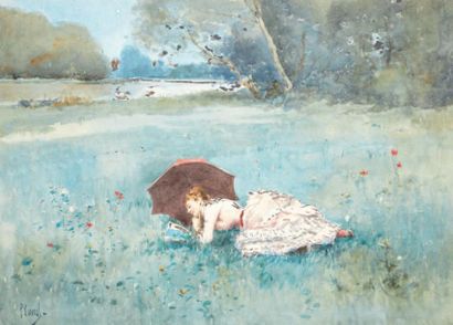 Paul ROSSERT (1851-1918) Femme lisant sous une ombrelle Aquarelle signée en bas à...