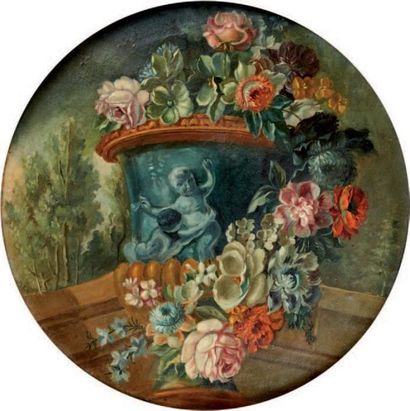Dans le goût du XVIIIème Bouquet de fleurs dans un vase sur un entablement Huile...