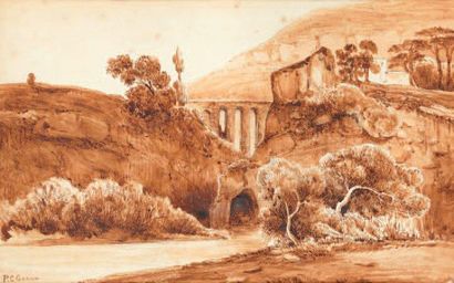 Paul-Césare GARIOT (né en 1811) Paysage au viaduc, Encre brune et lavis, signée en...