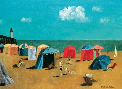 Roland OUDOT (1897-1981) La plage de Trouville Huile sur toile, signée en bas à droite,...