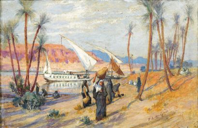 Frederick Arthur BRIDGMAN (1847-1928) Felouques sur le Nil Huile sur toile, signée...