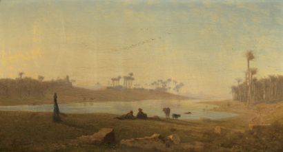 Théodore FRERE (1814-1888) Sur les bords du Nil, Memphis Huile sur toile, signée...