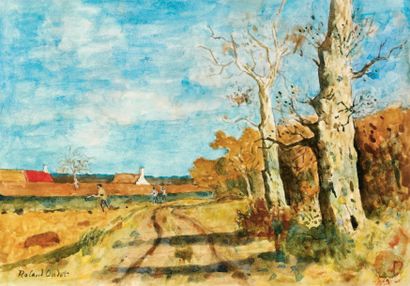 Roland OUDOT (1897-1981) Paysage aux chasseurs, Ile-de-France Aquarelle, signée en...