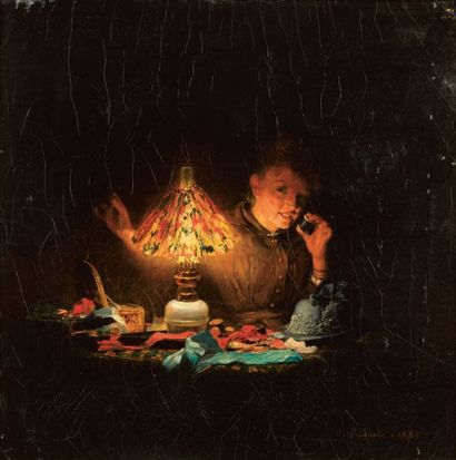 Victor LECOMTE (1856-1920) La couturière Huile sur toile, signée en bas à droite...