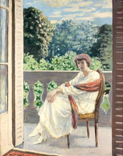 Albert ANDRE (1869-1954) Femme assise au balcon Huile sur toile, signée en bas à...