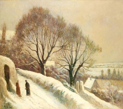 Maximilien Luce (1858-1941) La route de l'église sous la neige, Rolleboise Huile...