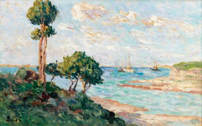 Maximilien Luce (1858-1941) La baie de Kermouster, Côte du Nord Huile sur panneau,...