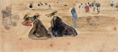 Eugène BOUDIN (1824-1898) Élégantes à la plage Aquarelle et crayon sur papier 9,5...