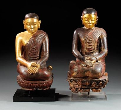 ASIE DU SUD EST, Birmanie? Deux grandes sculptures en bois peint et laqué représentant...