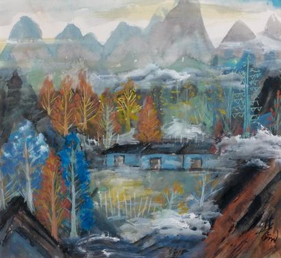 LIN FENGMIAN (1900-1991) Paysage en hiver Encre et couleur sur papier, signée et...