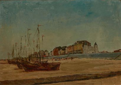 FÉLICIEN ROPS (1833-1898) Plage avec bateaux de pêche, vers 1887
Oil on canvas laid...