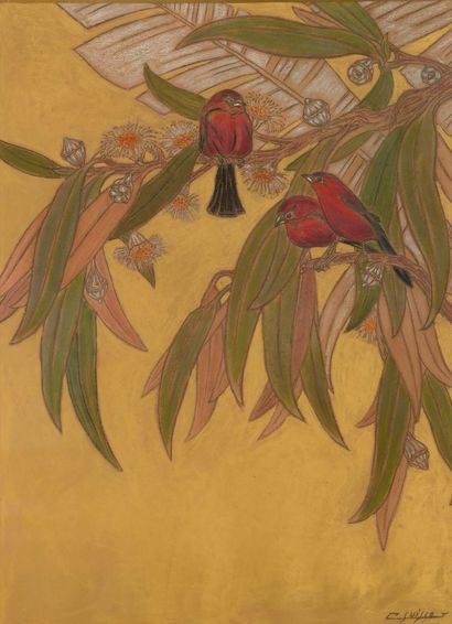 GASTON SUISSE (1896-1988) Oiseaux tangaras dans les eucalyptus, vers 1932
Pastel,...