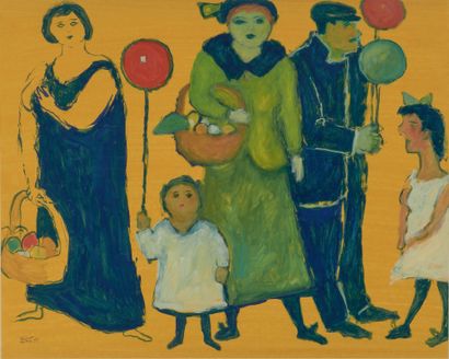 FIKRET MOUALLA (1903-1967) Enfants et vendeur de ballons, 1959
Gouache sur papier
Signée...