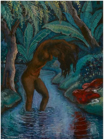 GEORGES MANZANA-PISSARRO (1871-1961) Baigneuse dans un cours d'eau
Gouache on paper,...